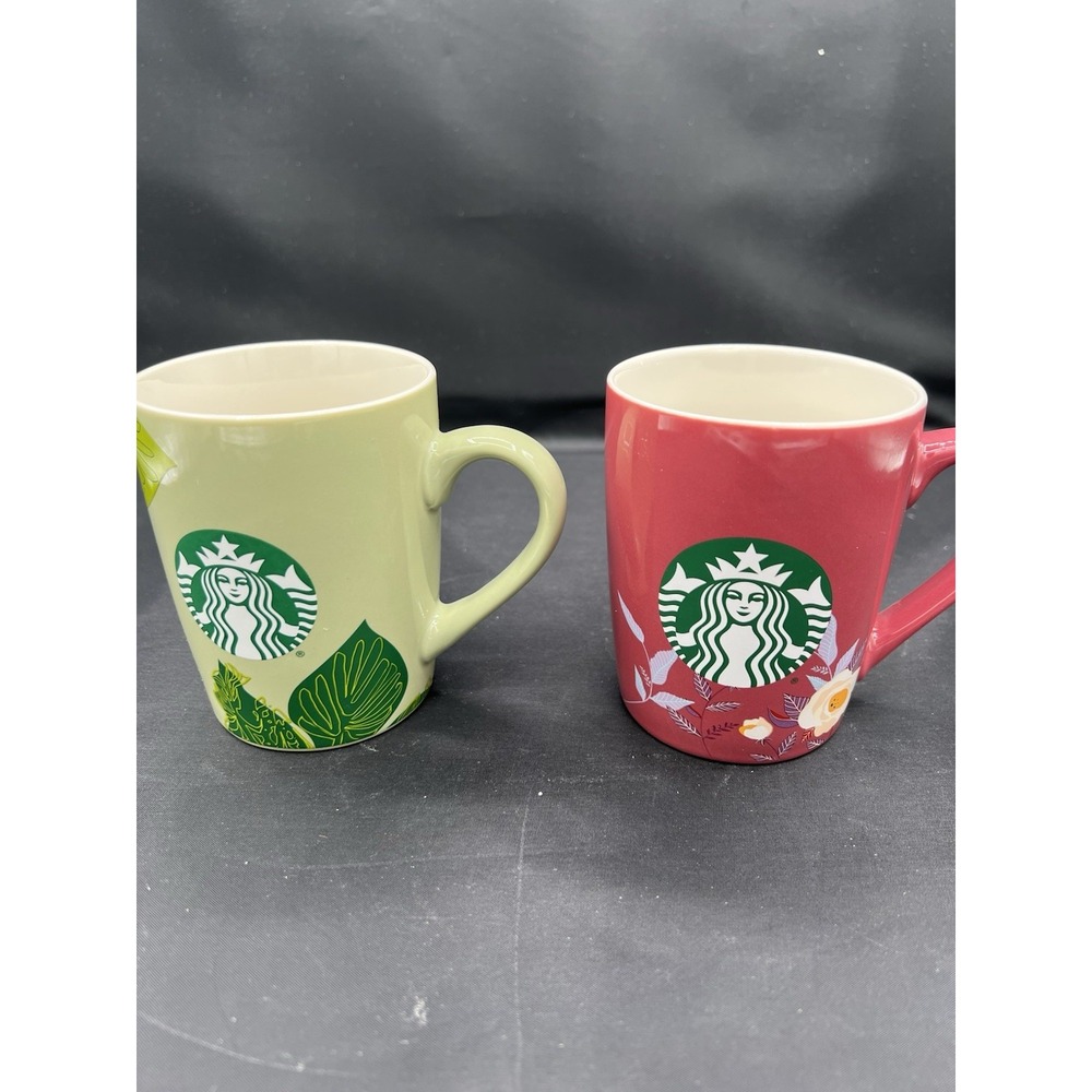 ☕🌸 Starbucks 10 oz Coffee Cups – Burgundy Floral & Green Leaf Design – EUC 🍃❤️